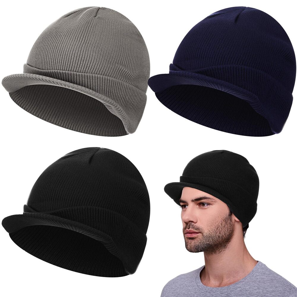 4685 3 Pcs Winter Beanie Hat with Brim Warm Double Knit Cuff Beanie Cap